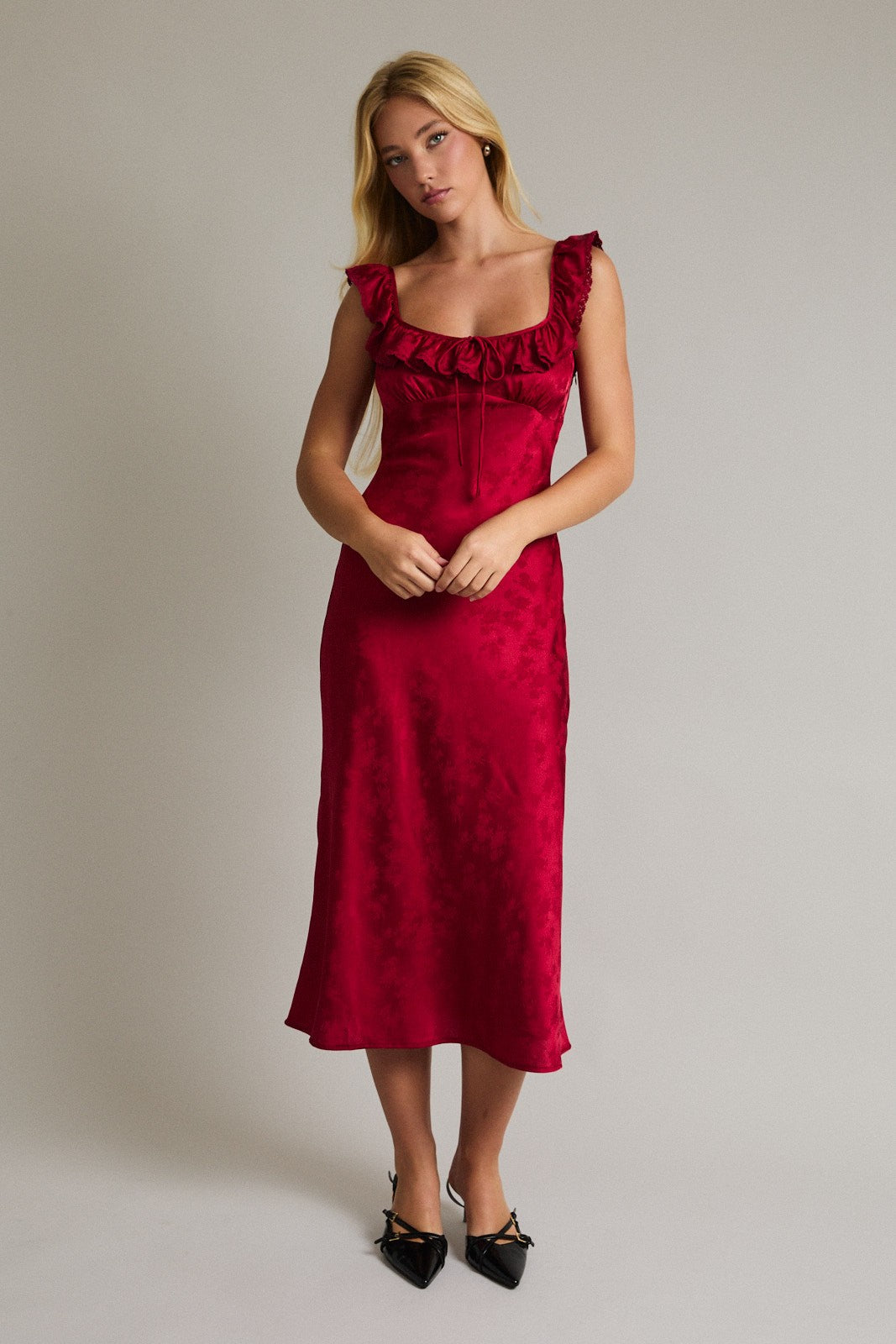 Ruby Red Sleeveless Square Neck Ruffle Lace Trim Midi Dress