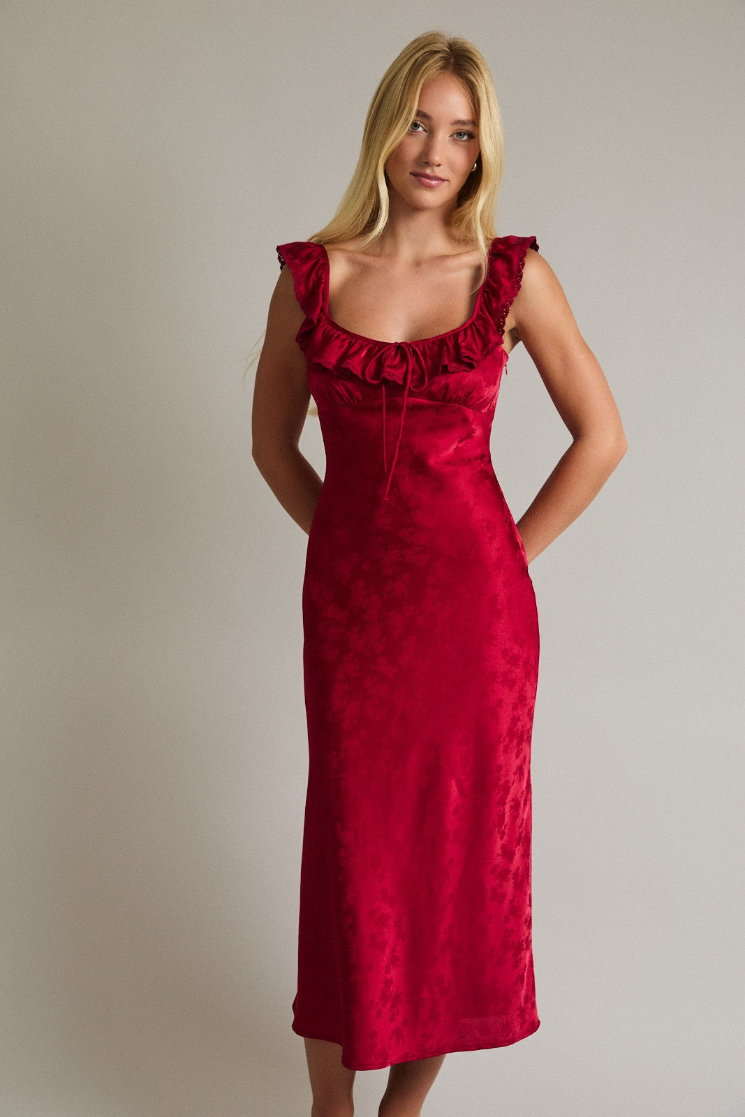 Ruby Red Sleeveless Square Neck Ruffle Lace Trim Midi Dress