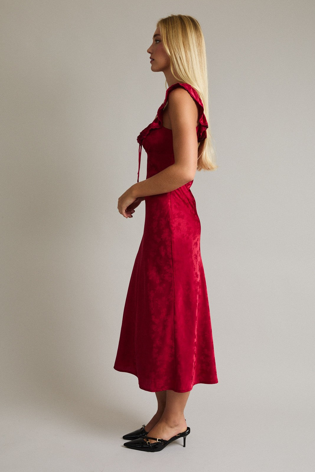 Ruby Red Sleeveless Square Neck Ruffle Lace Trim Midi Dress