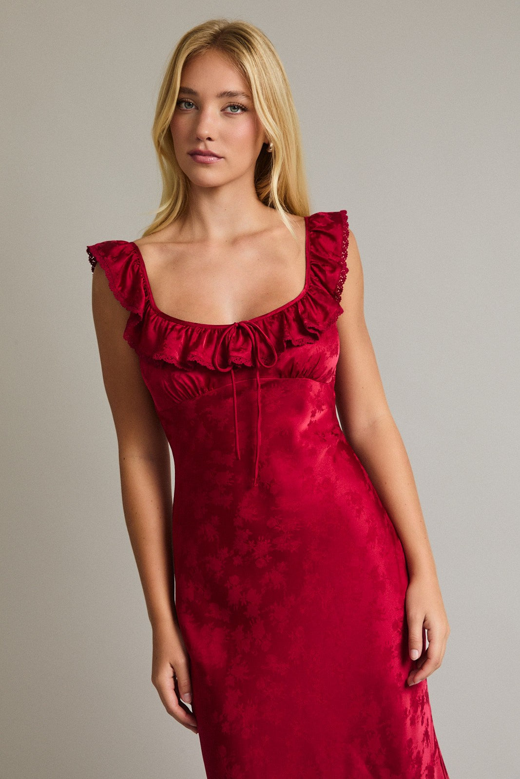 Ruby Red Sleeveless Square Neck Ruffle Lace Trim Midi Dress