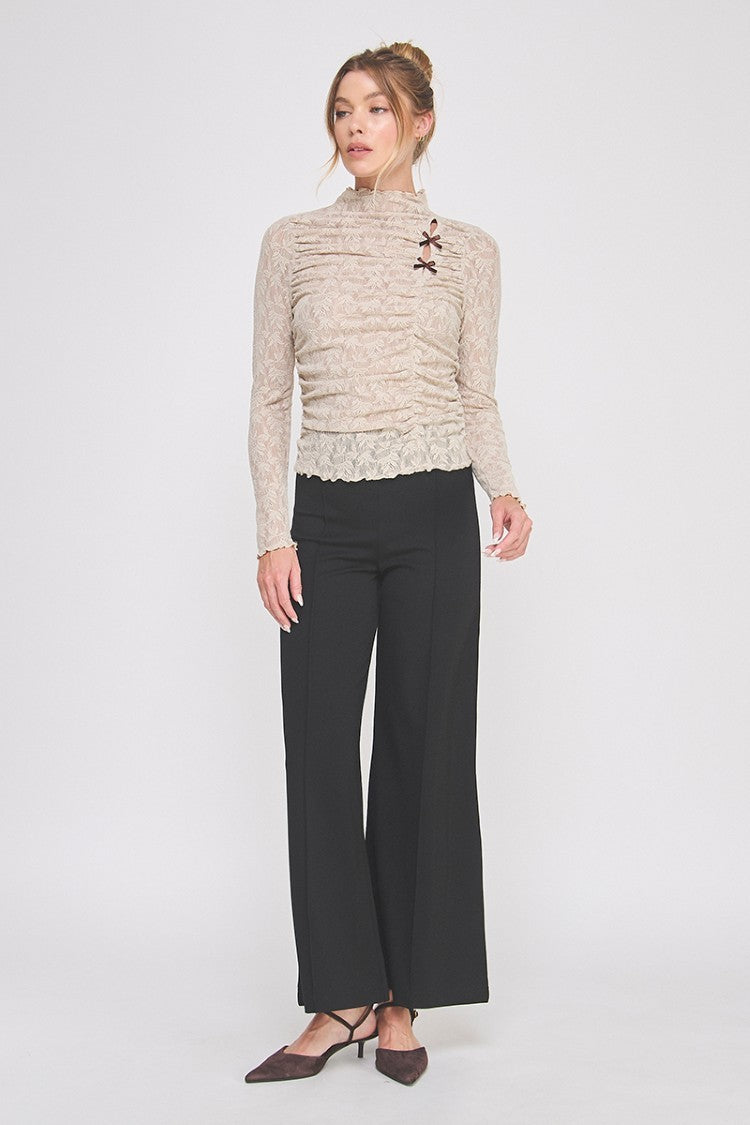 French Beige Jacquard Lace Knit Asymmetric Ruched Mock Neck Top