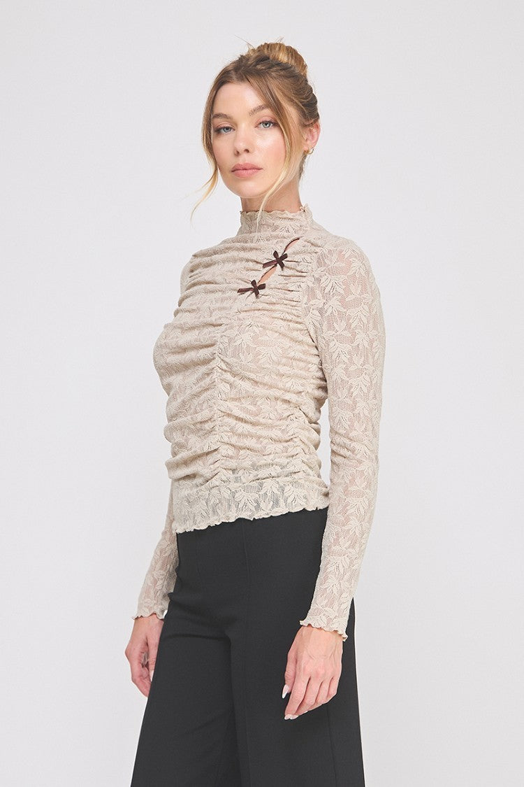 French Beige Jacquard Lace Knit Asymmetric Ruched Mock Neck Top