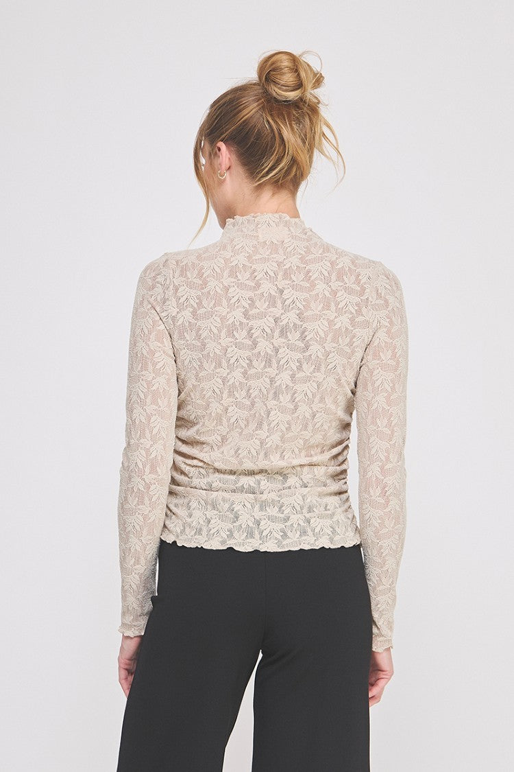 French Beige Jacquard Lace Knit Asymmetric Ruched Mock Neck Top