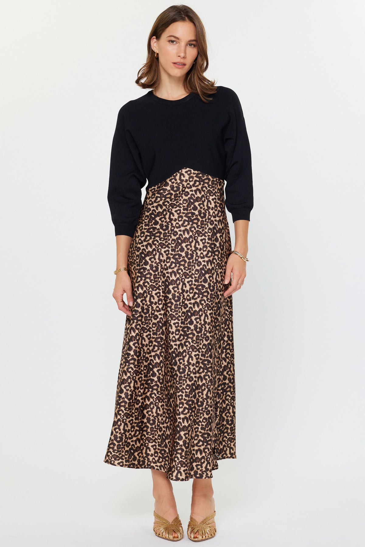 Current Air Mixed Media Sweater Dress Black/leopard S Current Air Mixed Media Sweater Dress Black/leopard S