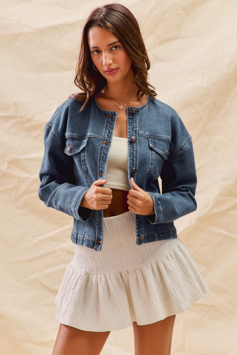 Collarless Denim Jacket With Front Pockets