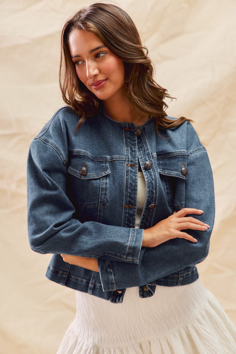 Collarless Denim Jacket With Front Pockets