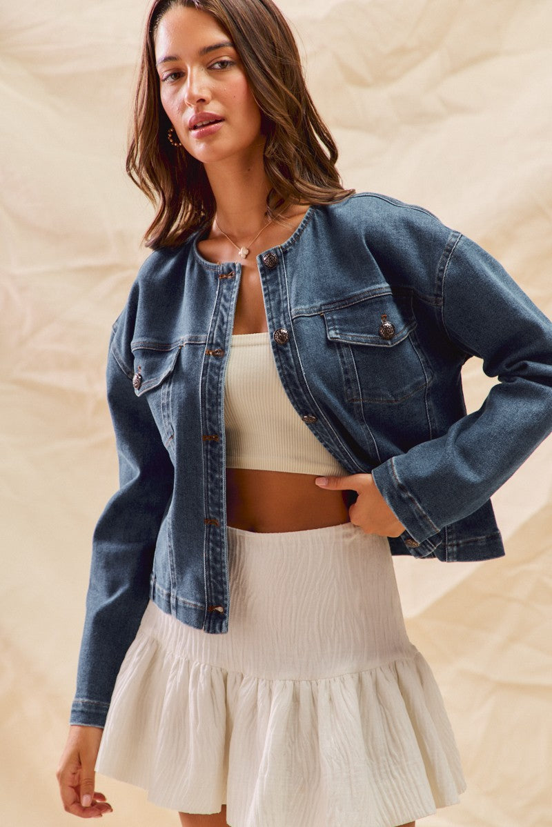 Collarless Denim Jacket With Front Pockets