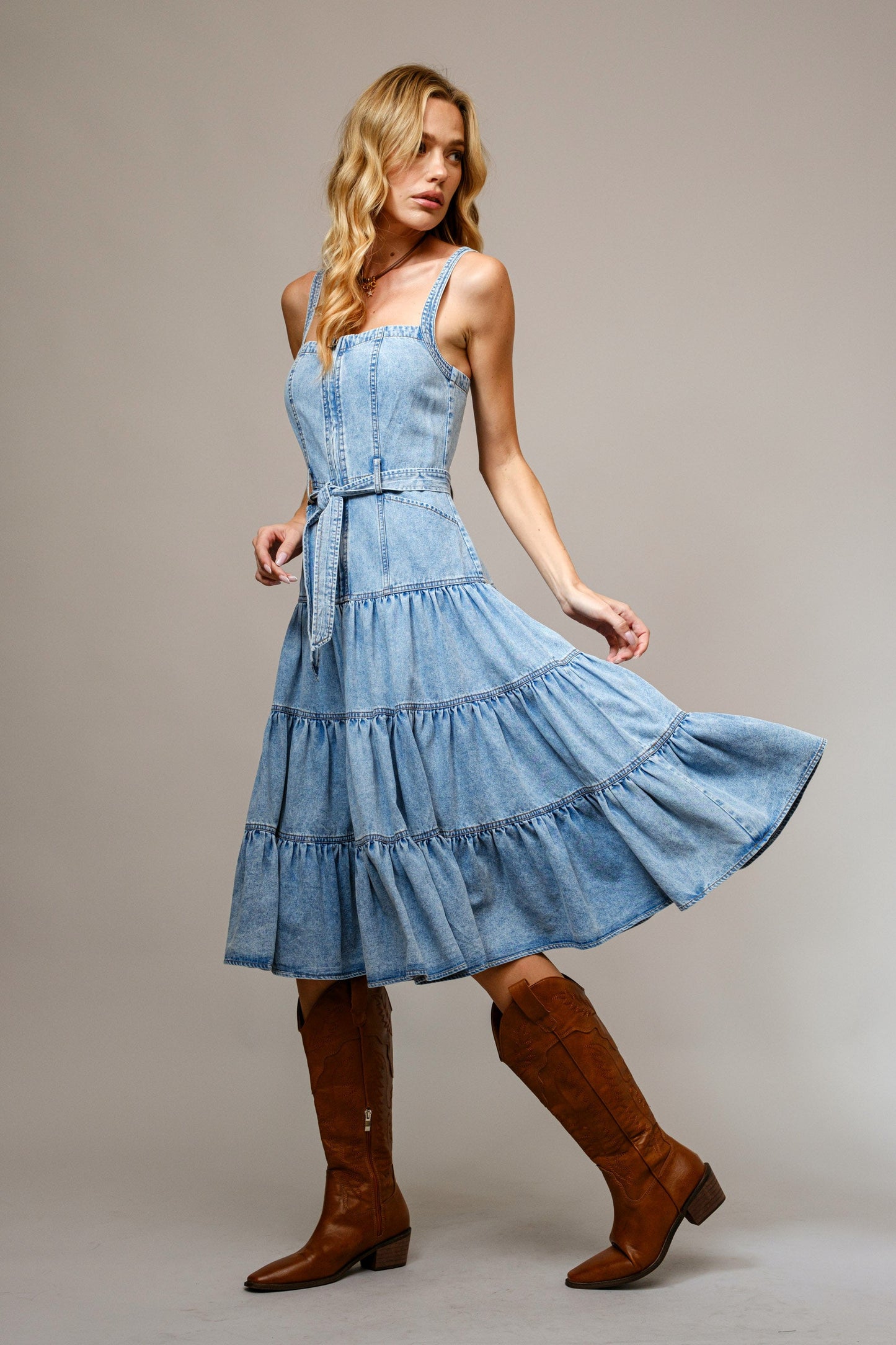 Light Wash Garment Washed Tiered Zip Midi Dress