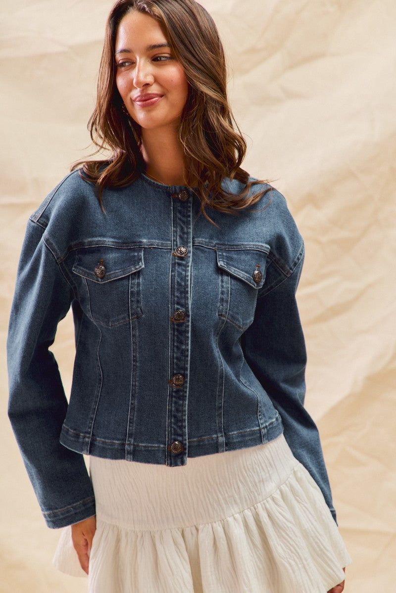 Collarless Denim Jacket With Front Pockets