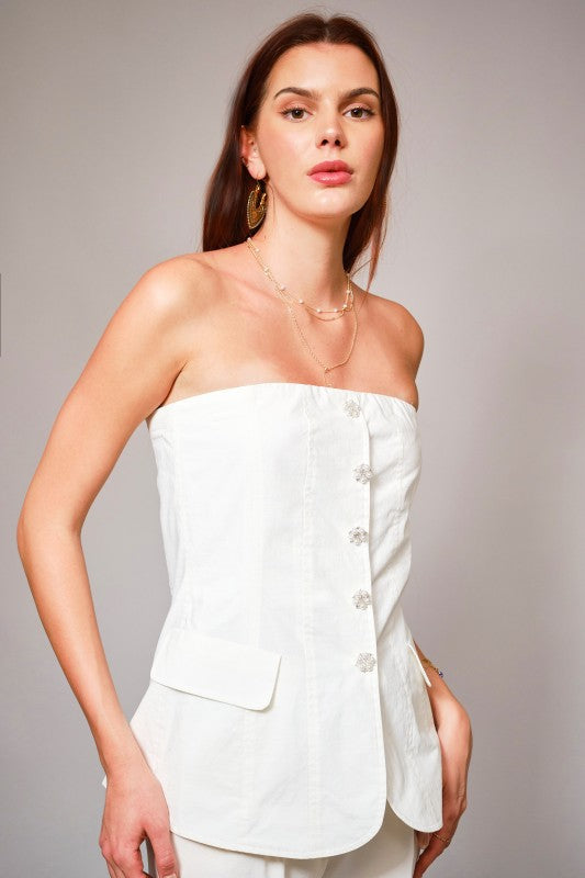 Twill Rhinestone Button Tube Top