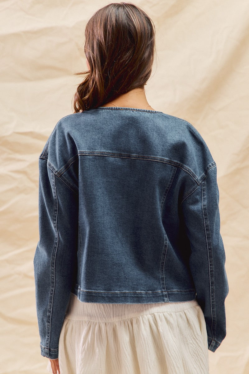 Collarless Denim Jacket With Front Pockets