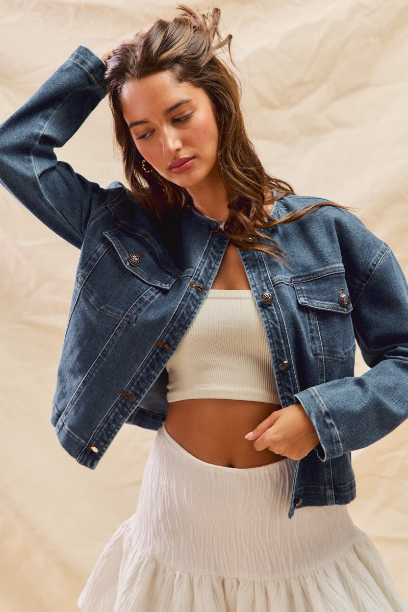 Collarless Denim Jacket With Front Pockets