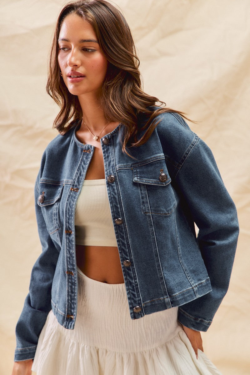 Collarless Denim Jacket With Front Pockets