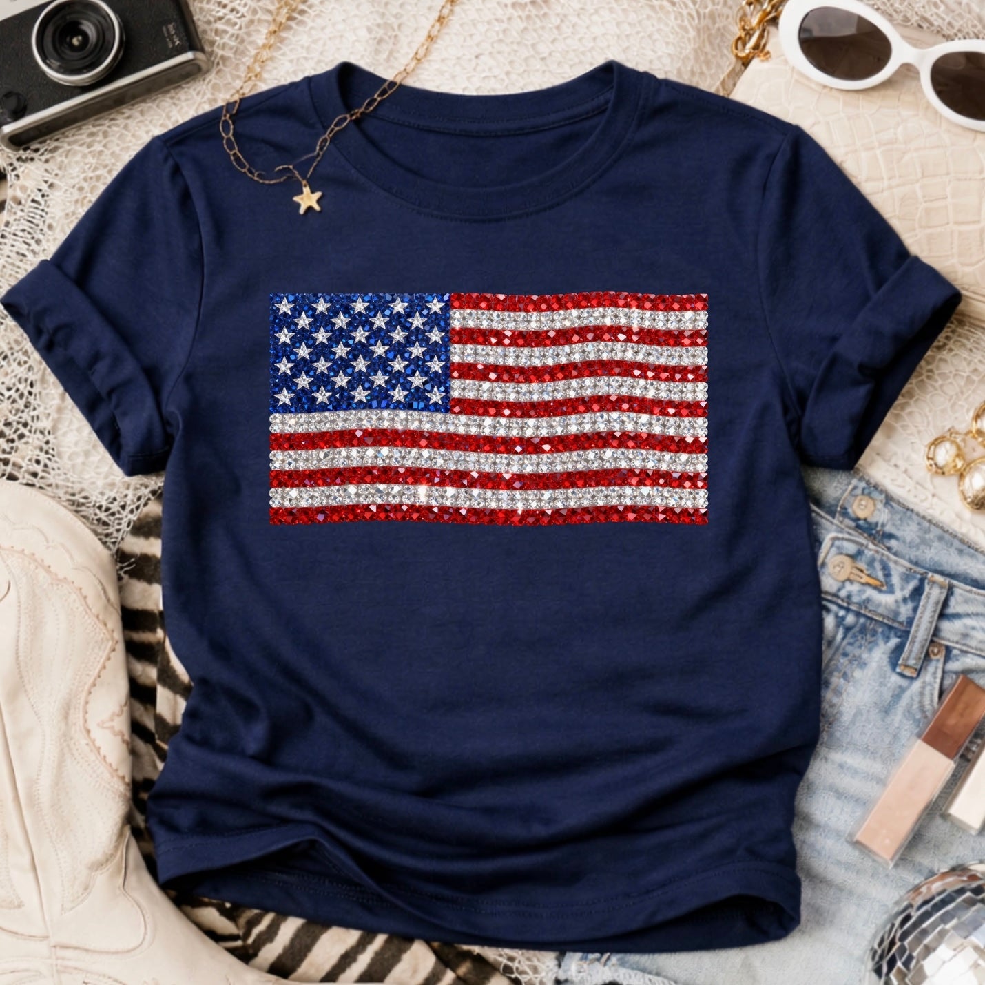 Faux Sparkling Flag Tee