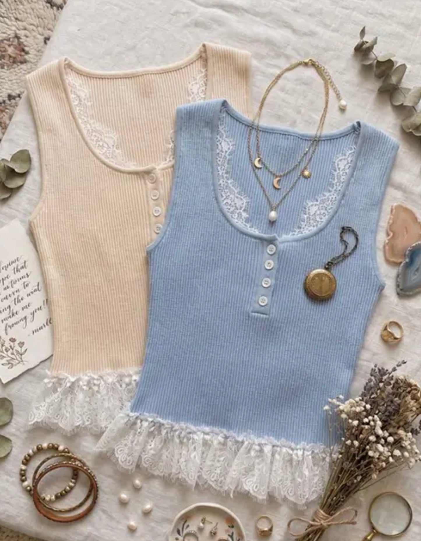 Lace Trim Ribbed Button Tank Top