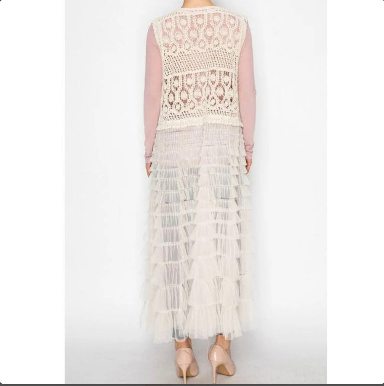 Boho Crochet Lace Maxi Duster Vest Top, Tiered Ruffle Tulle Mesh Long Cardigan