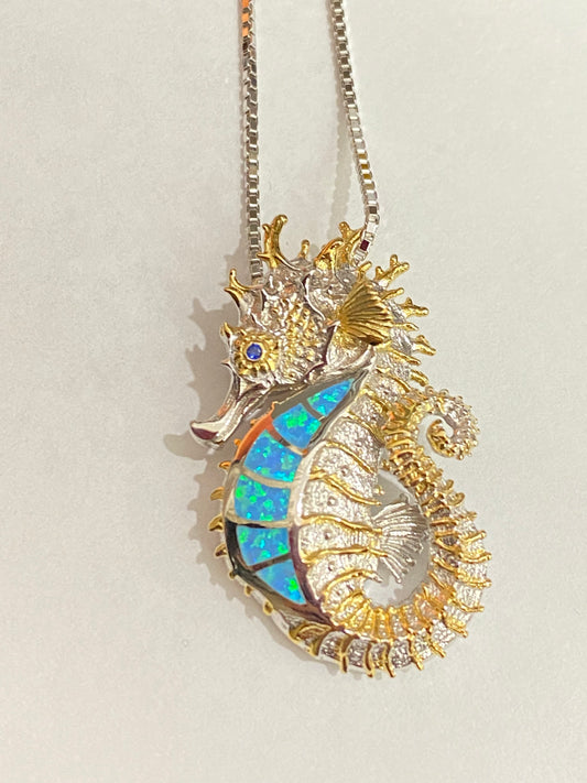 Seahorse Pendant - Blue Crushed Opal