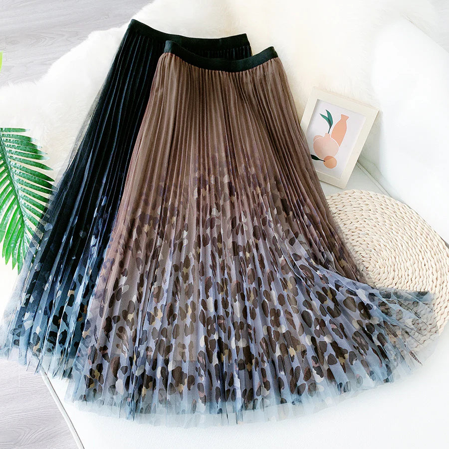 Fairy pleating mesh Skirt with Leopard print hem (Brown)