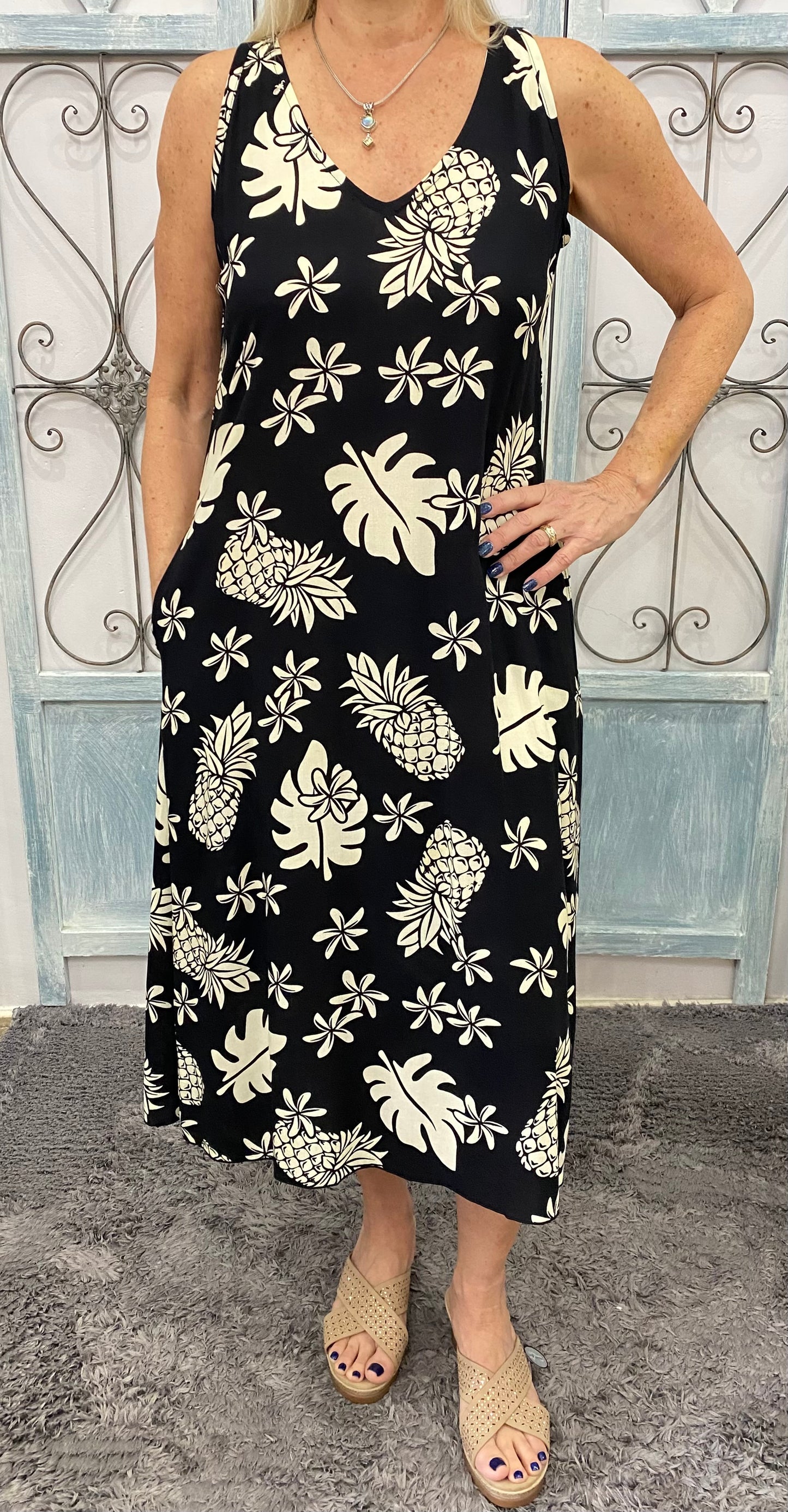 Black Tropical Midi Dress
