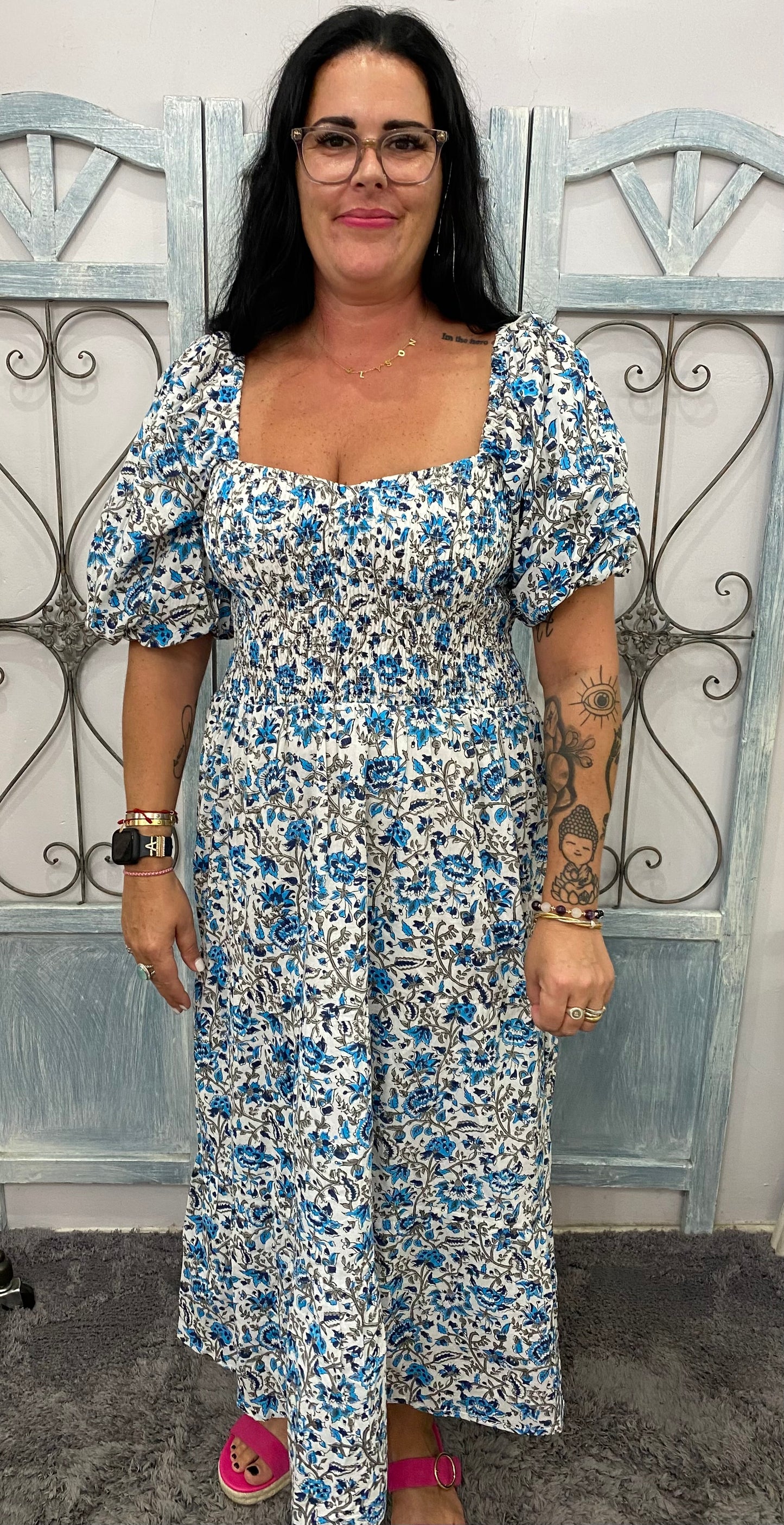 Abaco Floral Puff Sleeve Midi Dress