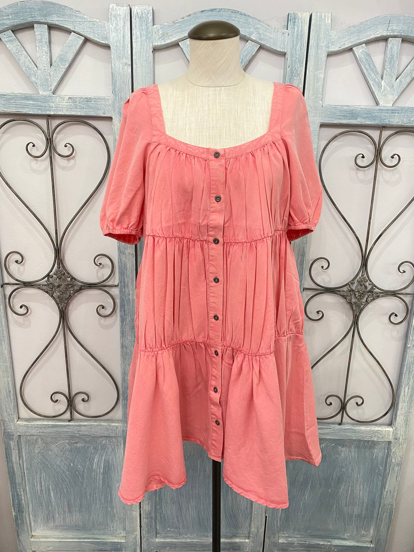 Coral Button Down Short Dress