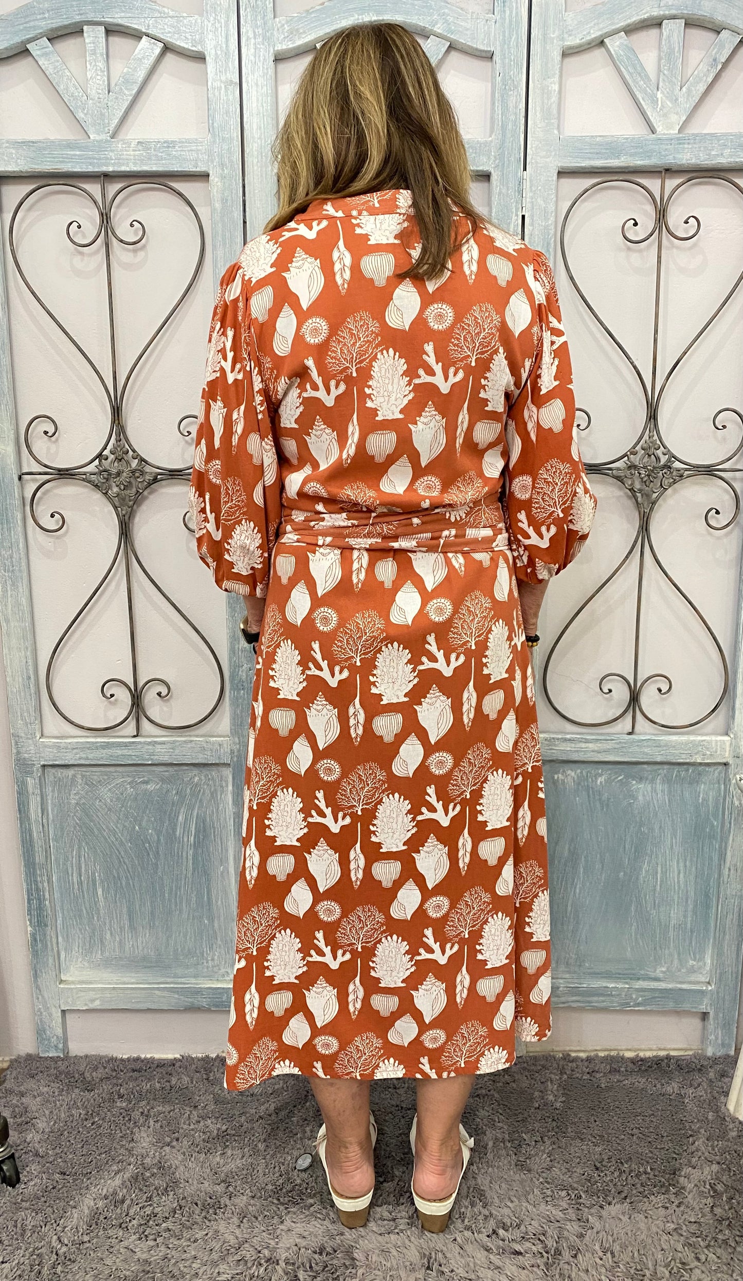 Sea Shell Puff Sleeve Midi Dress