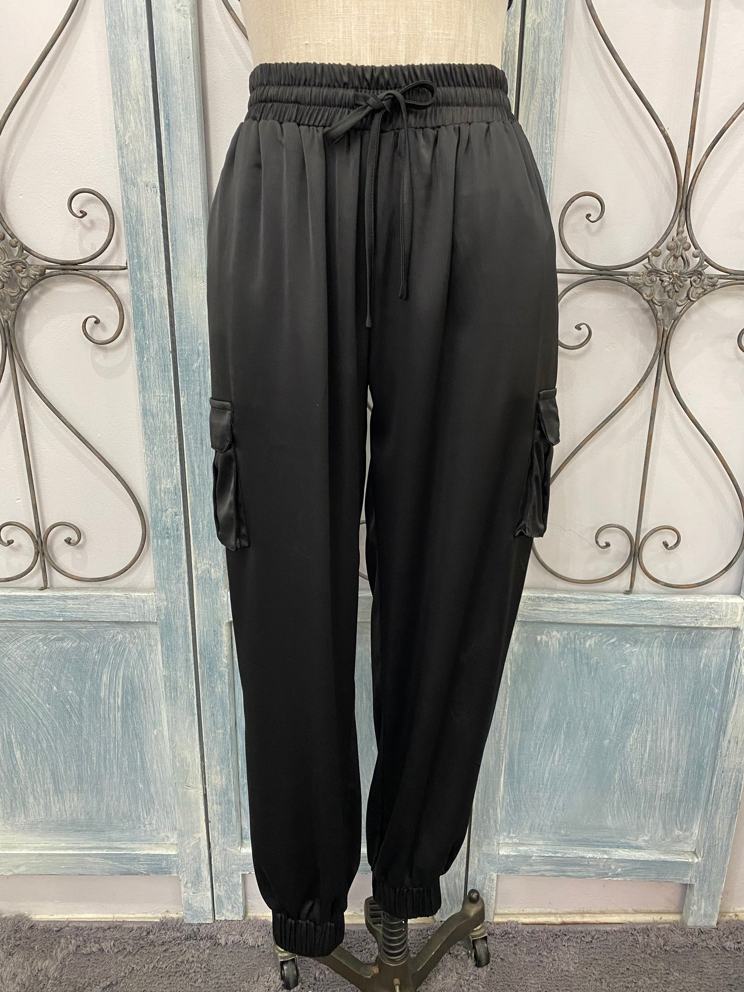 Black Satin Cargo Pants