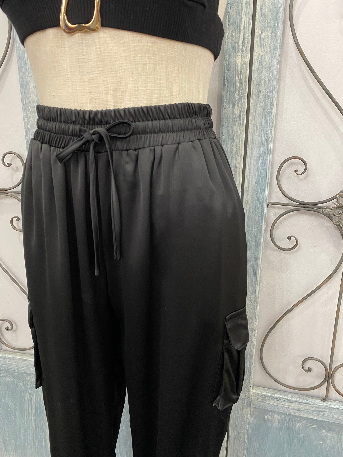 Black Satin Cargo Pants