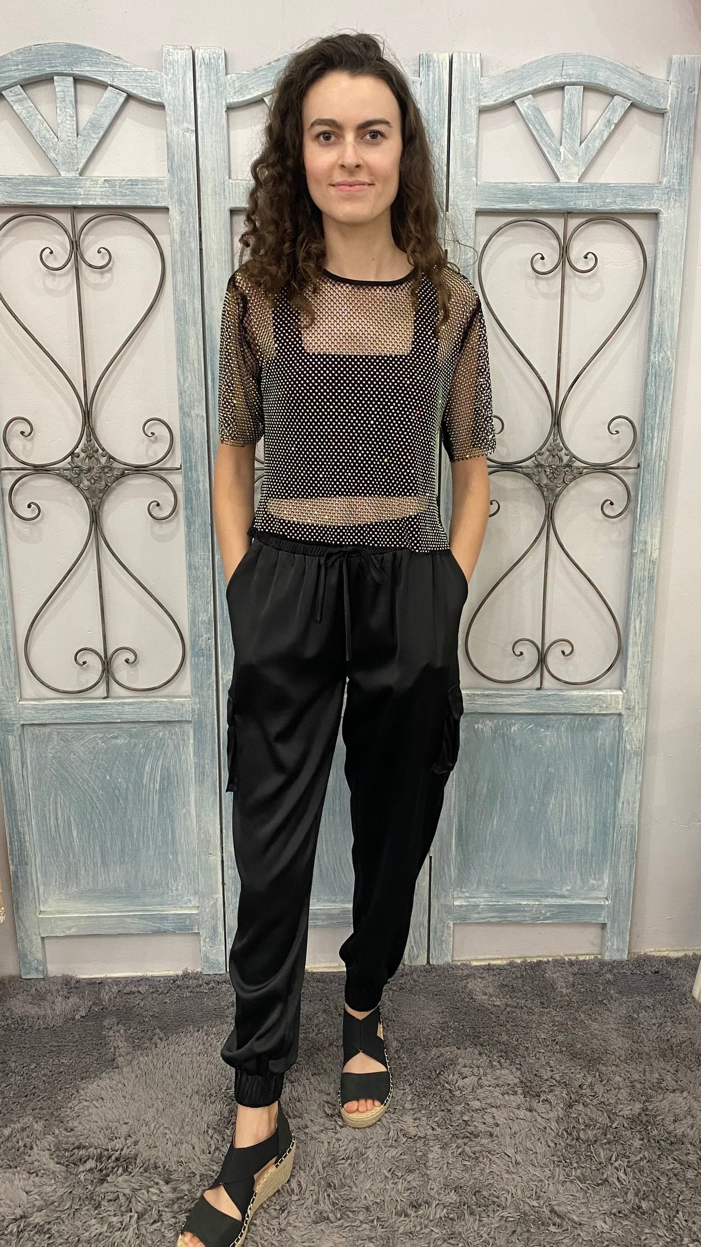 Black Satin Cargo Pants