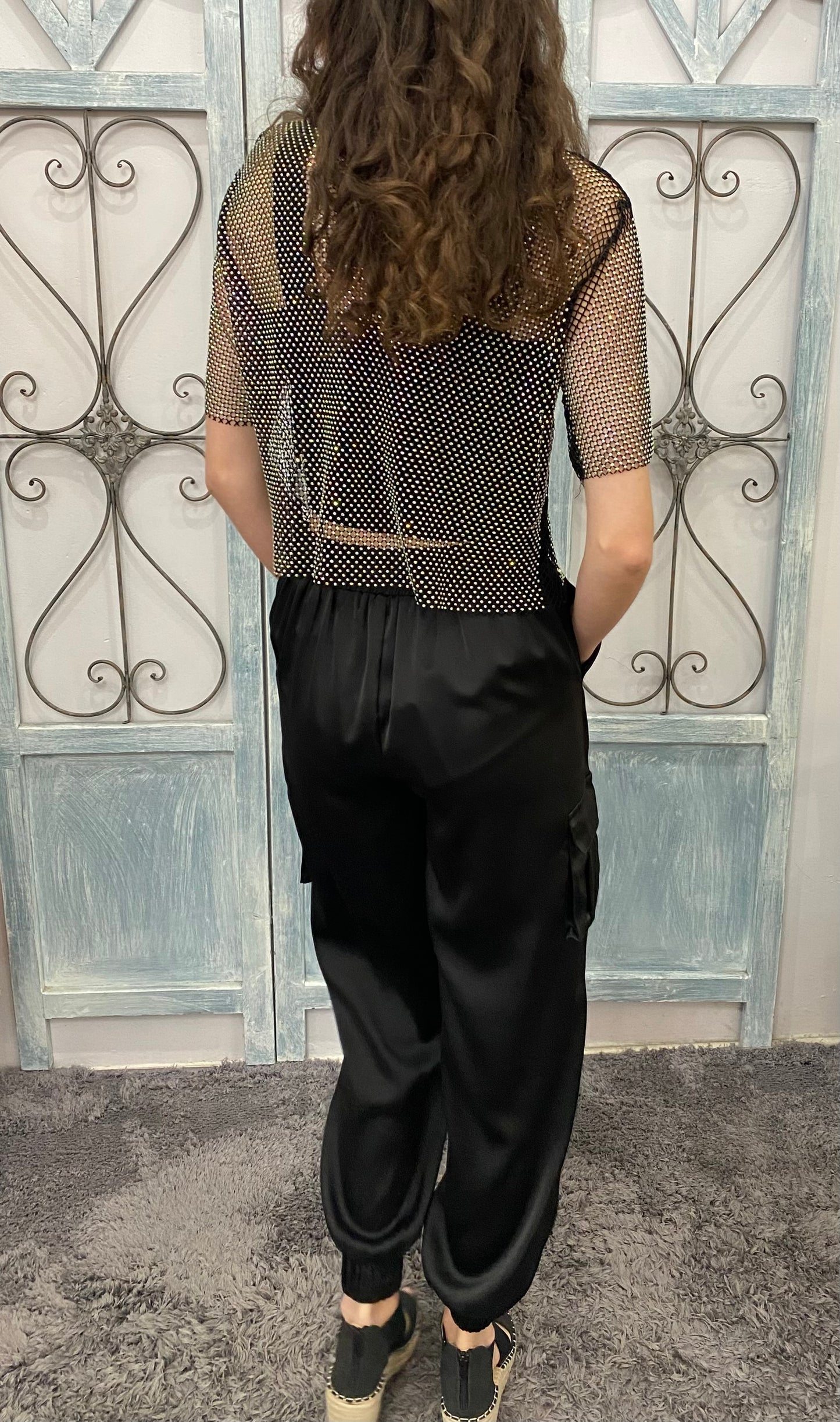Black Satin Cargo Pants