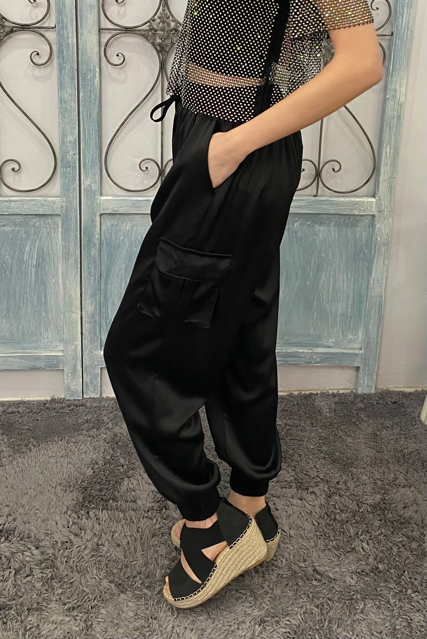 Black Satin Cargo Pants