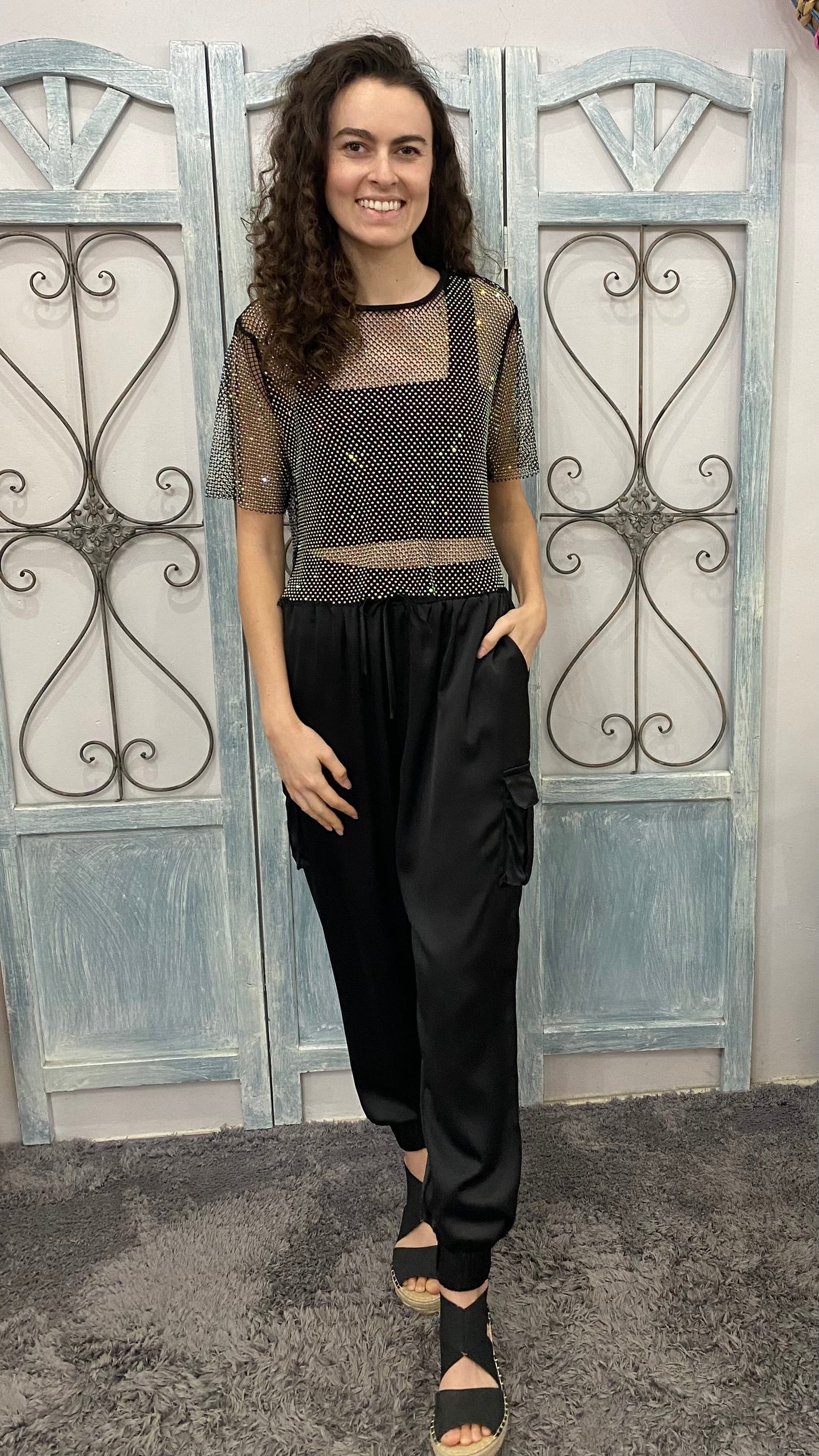 Black Satin Cargo Pants
