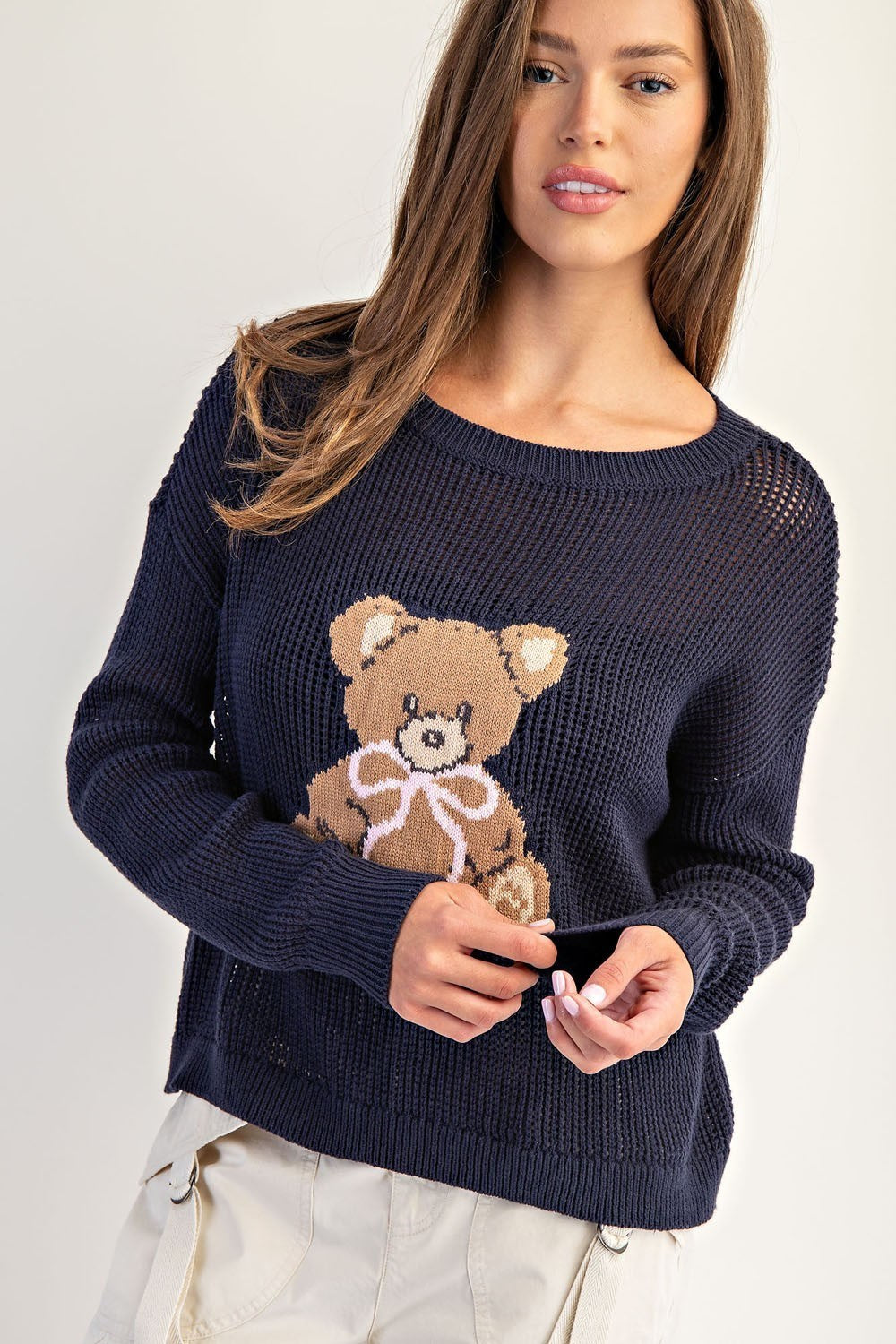 Teddy Bear Graphic Open Knit Sweater (Assorted Colors)