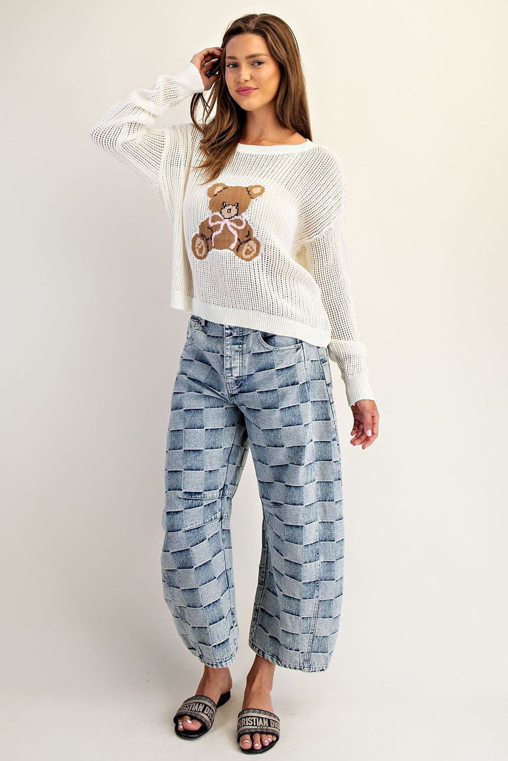 Teddy Bear Graphic Open Knit Sweater (Assorted Colors)