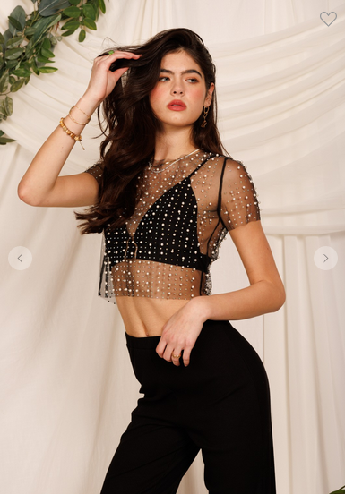 Black Rhinestone Mesh Crop Top