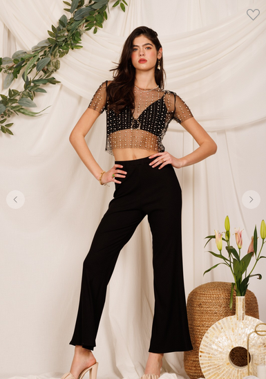 Black Rhinestone Mesh Crop Top
