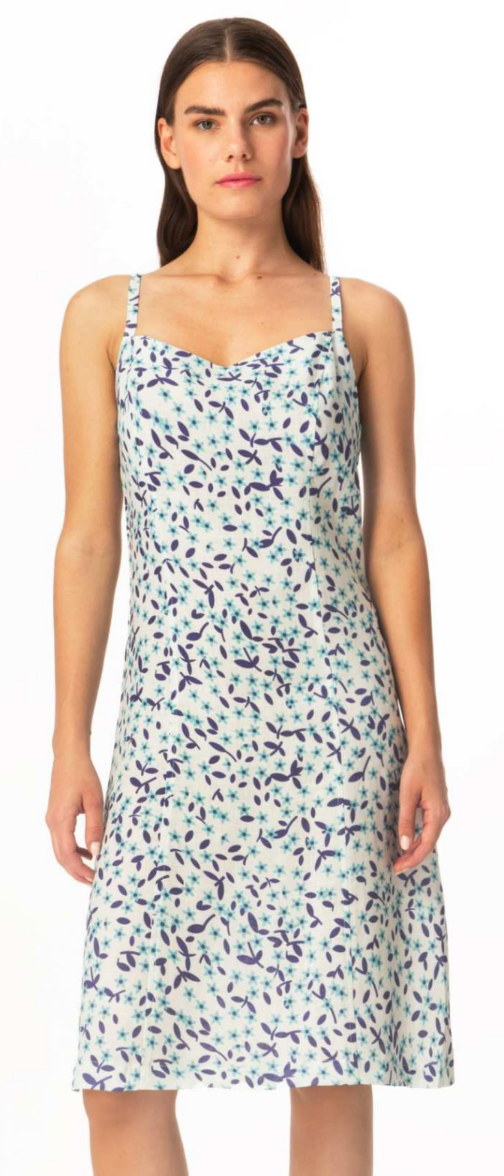 Blue Floral Linen Short Dress