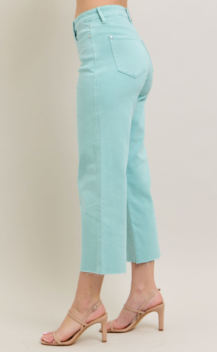 Light Sky Blue High-Waisted Garment Dyed Raw Hem Crop Wide Jeans