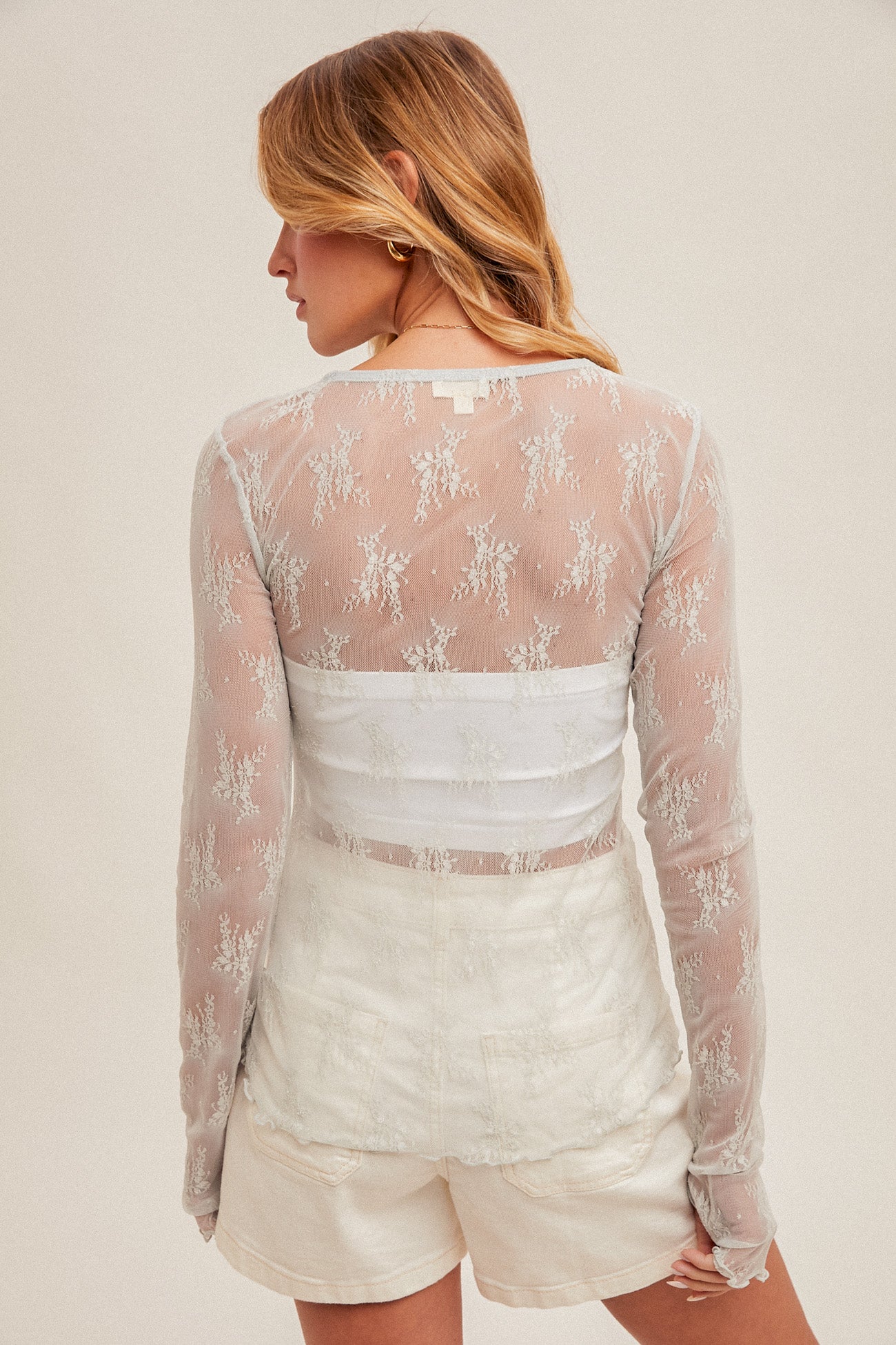 Dolphin Grey Scoop Neck Cabbage Ruffle Hem Lace Long Sleeve Top