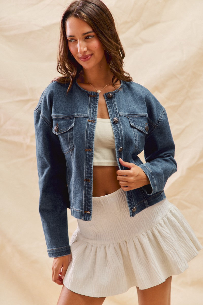 Collarless Denim Jacket With Front Pockets
