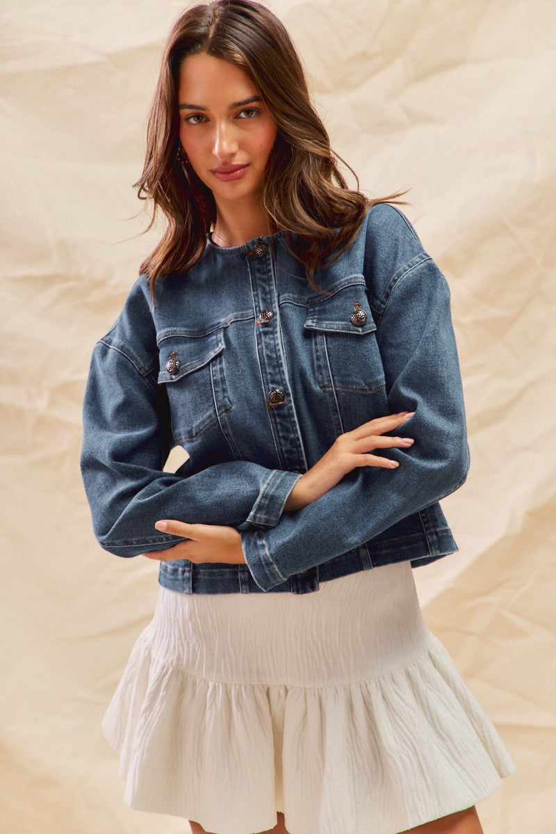 Collarless Denim Jacket With Front Pockets