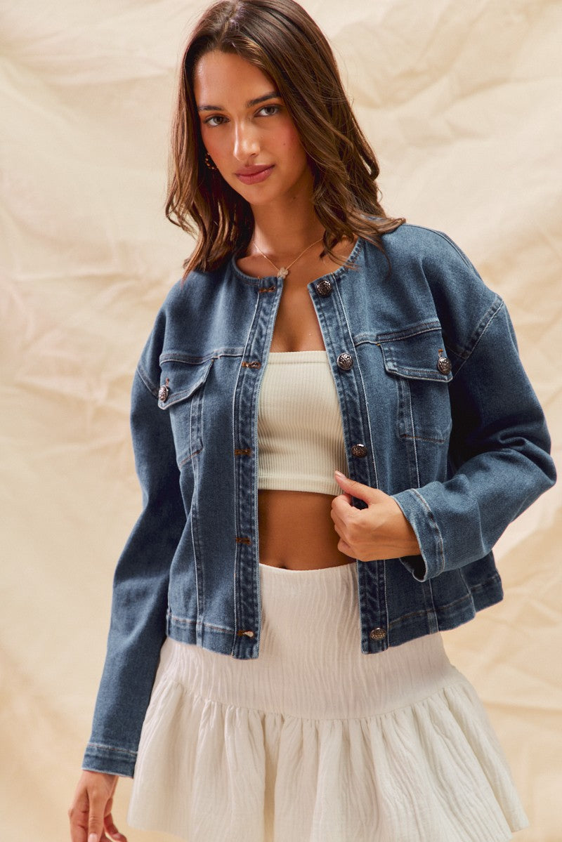 Collarless Denim Jacket With Front Pockets