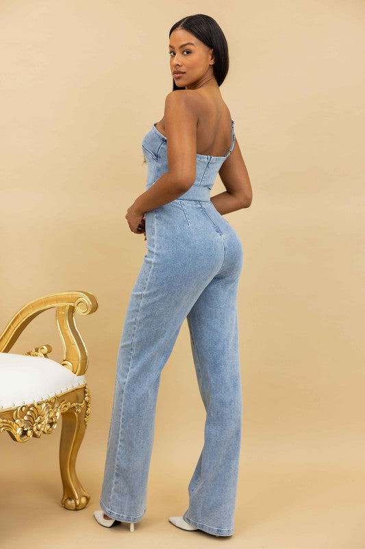 One Shoulder Denim Jumpsuit