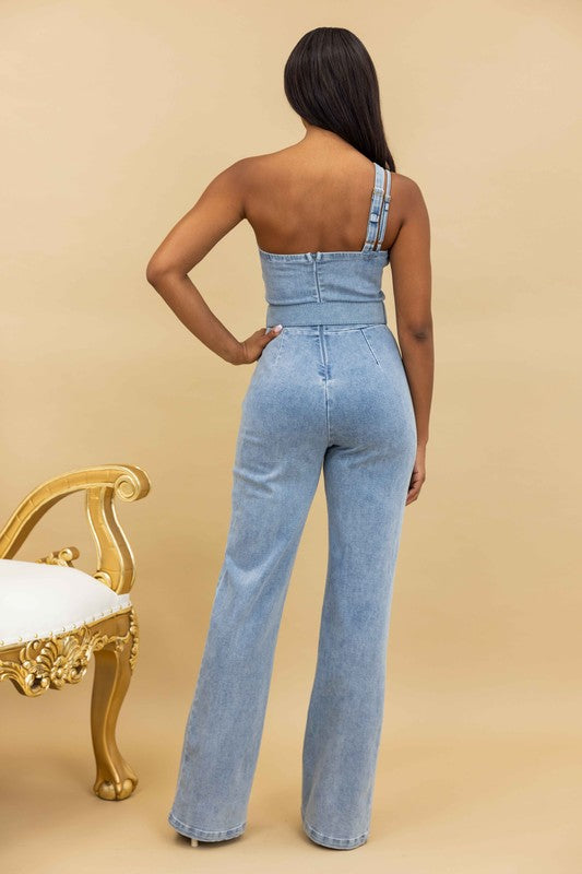 One Shoulder Denim Jumpsuit