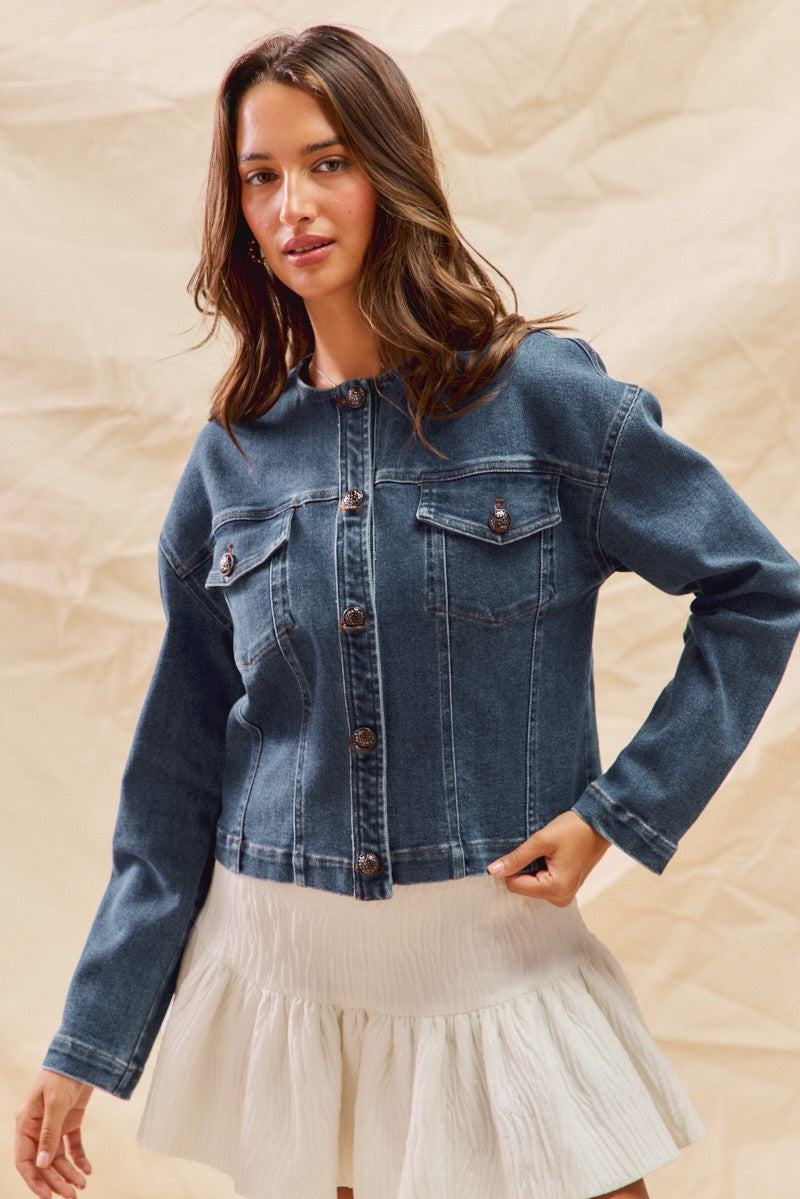 Collarless Denim Jacket With Front Pockets