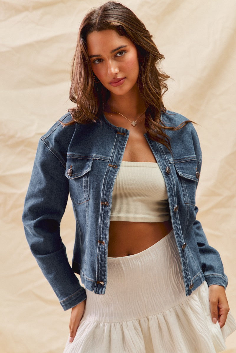 Collarless Denim Jacket With Front Pockets