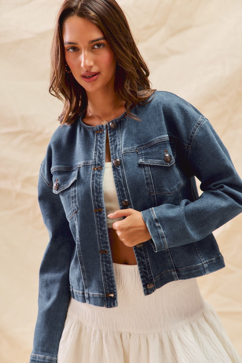 Collarless Denim Jacket With Front Pockets