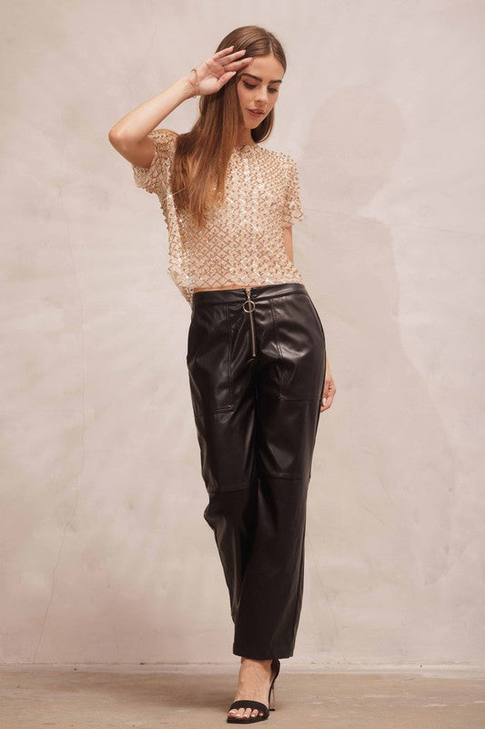 Gold Sequin Mesh Short Sleeve Top