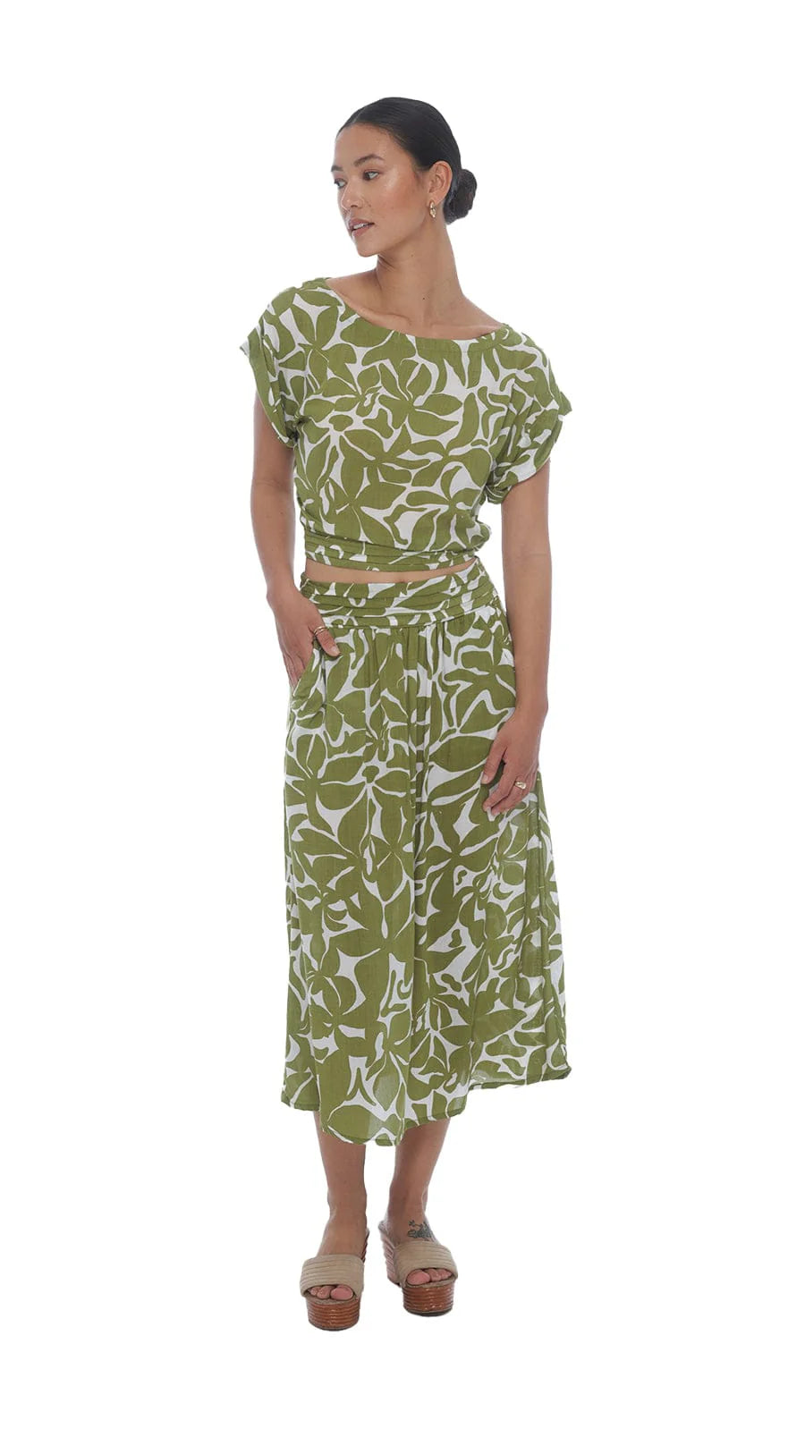 Tropical Pleated Midi Skirt