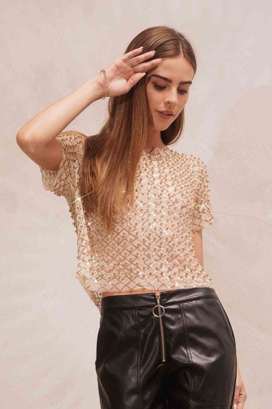Gold Sequin Mesh Short Sleeve Top